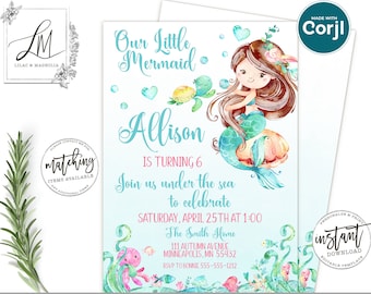 Mermaid Birthday Invitation, Little Mermaid Birthday Party Invite, Editable Girl Under the sea Birthday Template Printable Invitation, Corjl