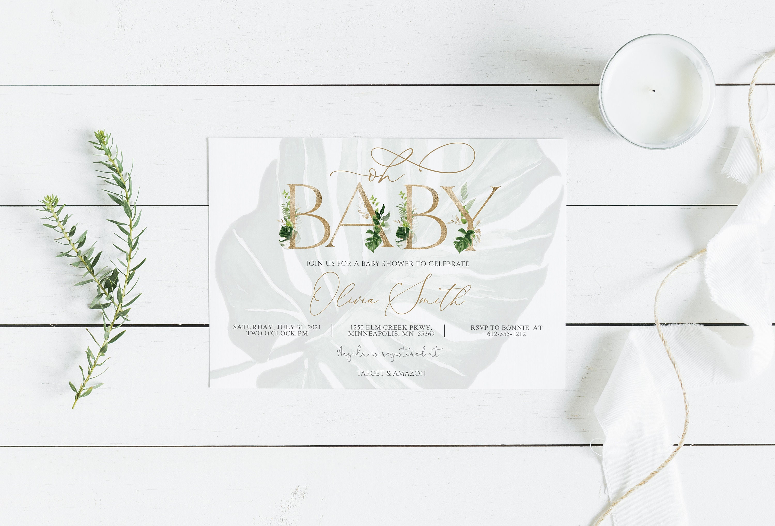 Gold Letters Baby Shower Invitation Template Tropical Baby | Etsy