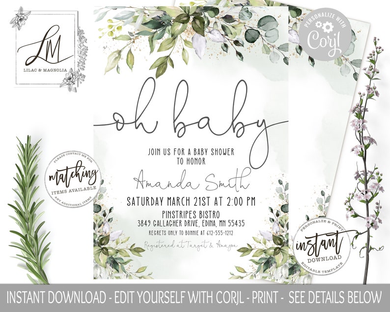 Oh Baby Greenery Baby Shower Invitation, Editable Template, Eucalyptus