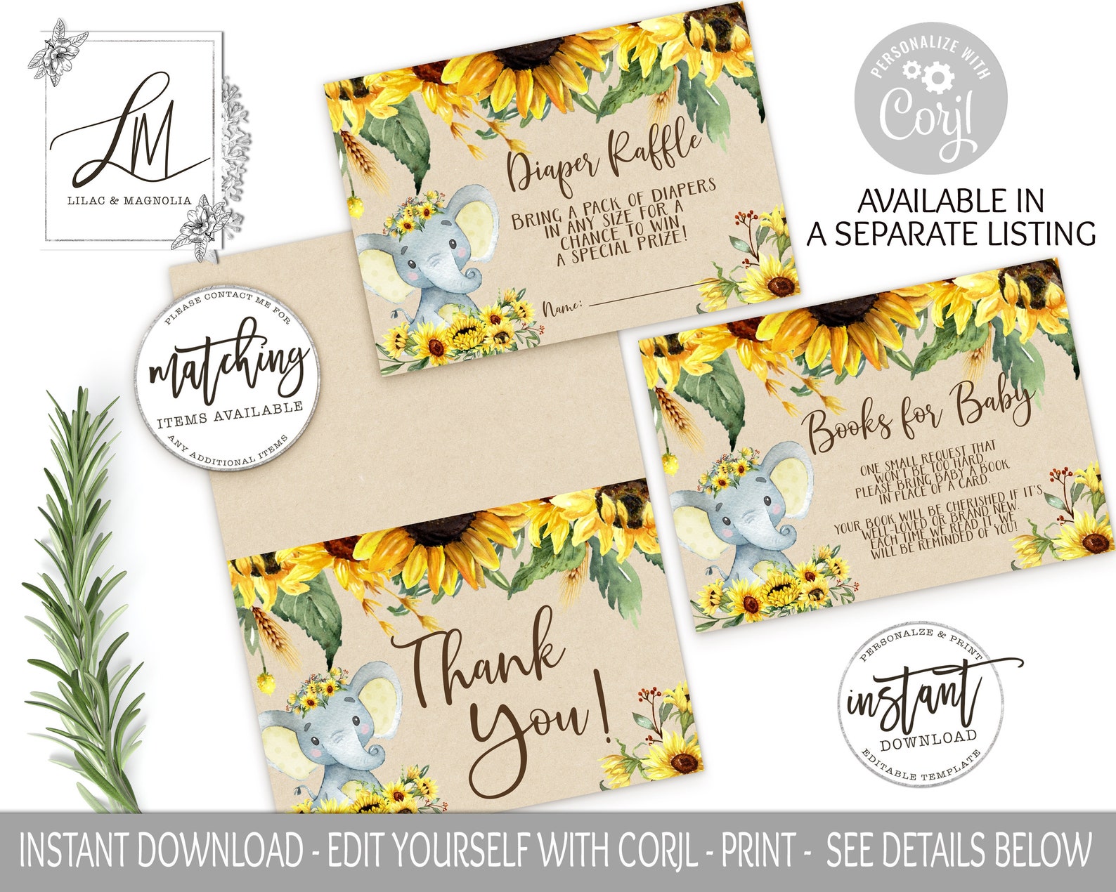 Sunflower Elephant Baby Shower Invitation Template Download Etsy
