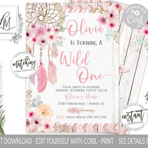 Pink Floral Dreamcatcher Wild One Birthday Invitation Template, Girl Birthday Invite, Pink Boho Arrow, Tribal Boho Invite, Edit at Corjl