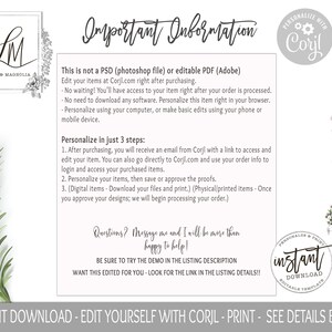 May include: A digital download graphic design template for a printable invitation or card. The template features a floral design with a light gray background and the text "Important Information" in black. The text "Personalize with Corjl" is in a circle with a gear icon and the text "Instant Download - Edit Yourself with Corjl - Print - See Details Below" is at the bottom of the image.