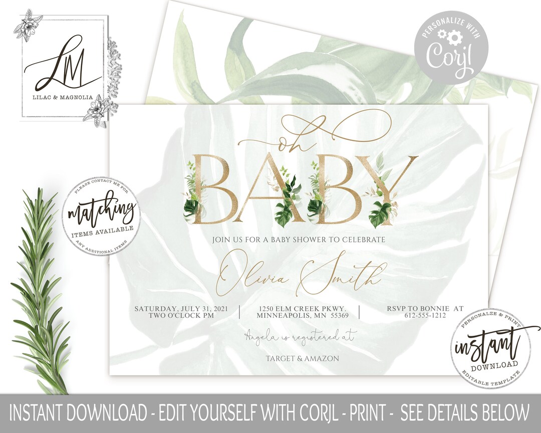 Gold Letters Baby Shower Invitation Template, Tropical Baby Shower ...