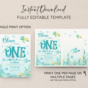 Peut inclure: Une invitation imprimable pour une f&ecirc;te de premier anniversaire sur le th&egrave;me sous-marin bleu, vert et jaune. L'invitation repr&eacute;sente une tortue, un requin et le texte "Oliver a un an".