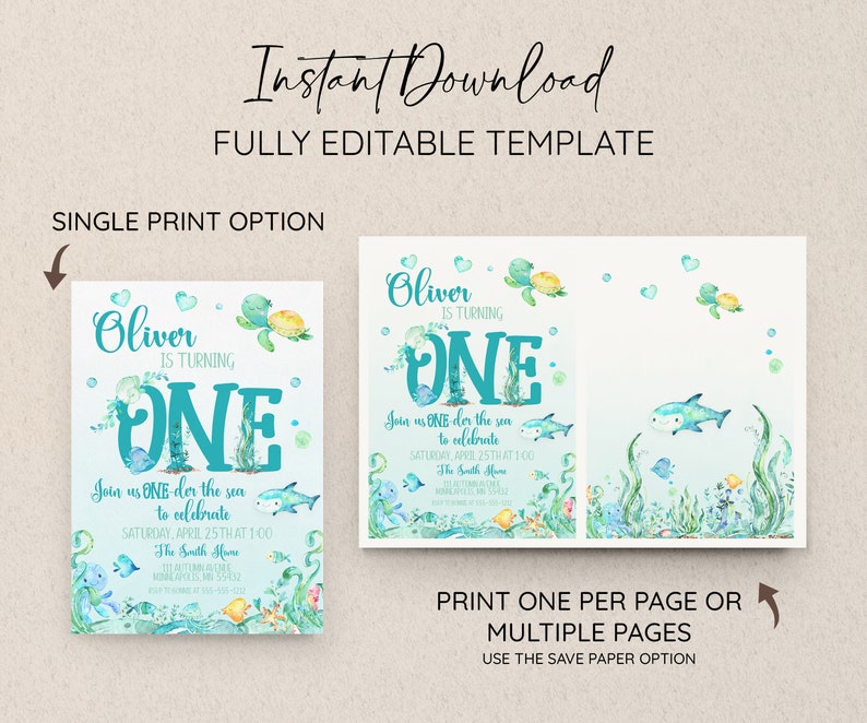 Peut inclure: Une invitation imprimable pour une f&ecirc;te de premier anniversaire sur le th&egrave;me sous-marin bleu, vert et jaune. L'invitation repr&eacute;sente une tortue, un requin et le texte "Oliver a un an".