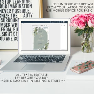 May include: A laptop computer displaying a green and white bridal shower invitation with a gold arch and floral design. The text on the invitation reads "Bridal Shower" and "[Name] & [Name]" with a date and time. The text "Edit in your web browser from your laptop or computer. Use mobile device for basic edits." is displayed above the invitation. The text "All text is editable. Try before you buy. ***See demo link in listing details***" is displayed below the invitation.