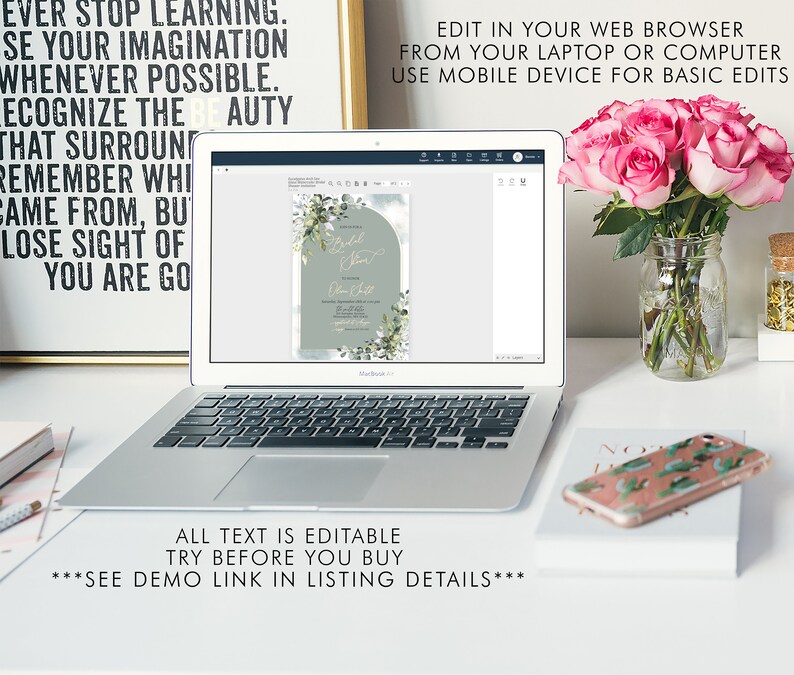 May include: A laptop computer displaying a green and white bridal shower invitation with a gold arch and floral design. The text on the invitation reads "Bridal Shower" and "[Name] & [Name]" with a date and time. The text "Edit in your web browser from your laptop or computer. Use mobile device for basic edits." is displayed above the invitation. The text "All text is editable. Try before you buy. ***See demo link in listing details***" is displayed below the invitation.