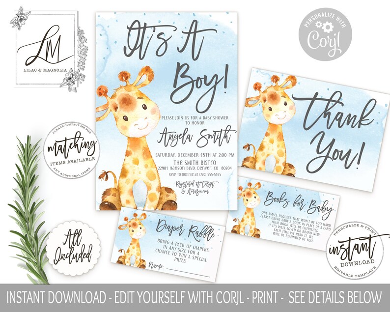 Giraffe Baby Shower Invitation Template Suite Editable Baby - Etsy