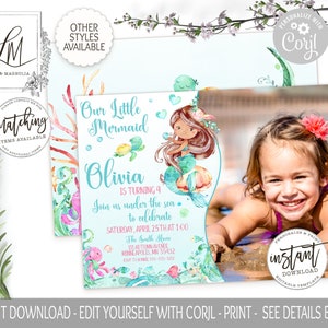 Mermaid Birthday Invitation, Little Mermaid Birthday Photo Invite, Editable Girl Under the sea Birthday Template Printable Invitation, Corjl