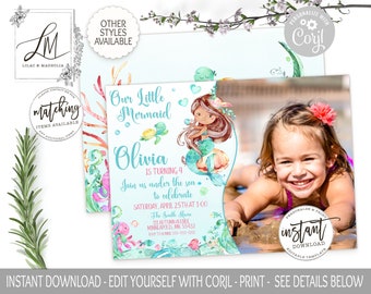 Mermaid Birthday Invitation, Little Mermaid Birthday Photo Invite, Editable Girl Under the sea Birthday Template Printable Invitation, Corjl