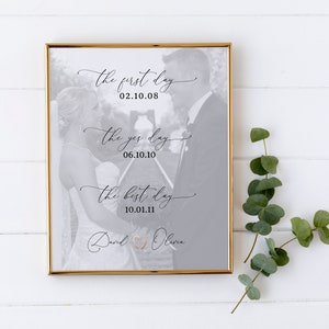 May include: A black and white photo of a couple in a gold frame. The photo is on a white wooden background. The text on the photo reads "The first day 02.10.08", "The yes day 06.10.10", "The best day 10.01.11", and "David & Olivia".