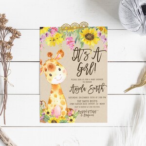 May include: A baby shower invitation with a cute giraffe illustration and sunflowers. The text reads "It's a Girl!" and includes the name "Angela Smith" and details for the event.