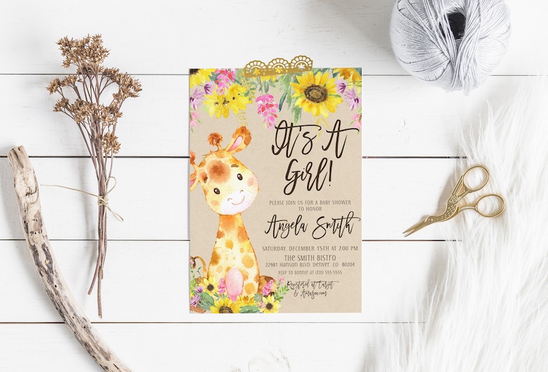 May include: A baby shower invitation with a cute giraffe illustration and sunflowers. The text reads "It's a Girl!" and includes the name "Angela Smith" and details for the event.