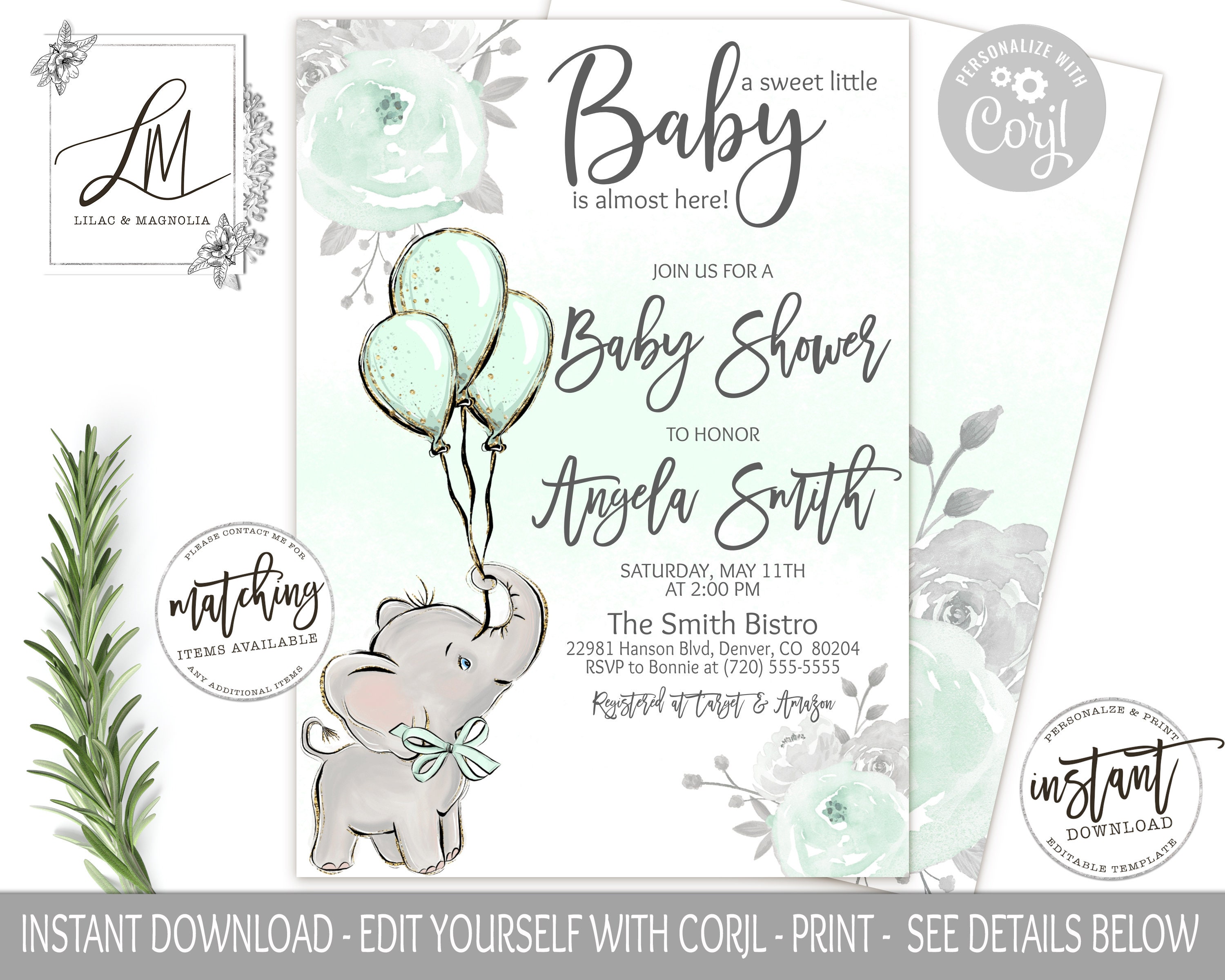 Mint Elephant Baby Shower Invitation Template Suite Printable Etsy