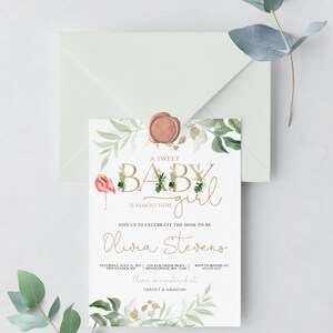 Gold Letters Baby Shower Invitation, Editable Tropical Girl Baby Shower ...