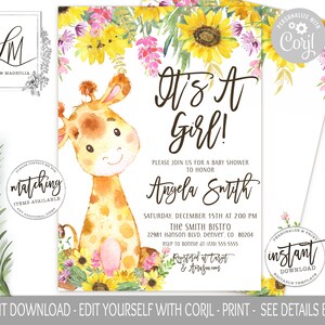May include: A baby shower invitation with a watercolor illustration of a giraffe and sunflowers. The text reads "It's a Girl!" and includes the name "Angela Smith" and details for the event. The invitation is personalized with the text "Personalize with Corjl".