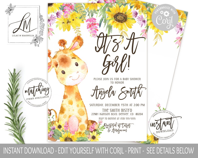 May include: A baby shower invitation with a watercolor illustration of a giraffe and sunflowers. The text reads "It's a Girl!" and includes the name "Angela Smith" and details for the event. The invitation is personalized with the text "Personalize with Corjl".