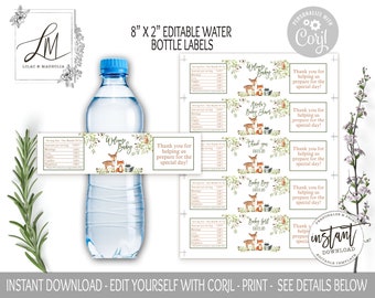 Editable Water Bottle Labels, Woodland Animals Water Label, Baby Shower Labels, Editable Water Bottle Template, Woodland Greenery, Corjl