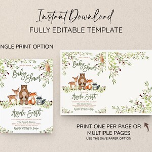Woodland Animals Baby Shower Invitation: Watercolor Greenery (editable