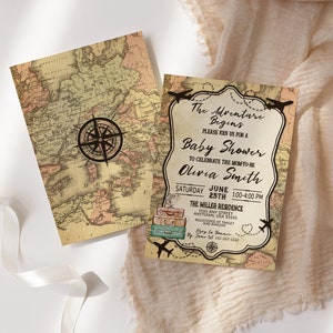 May include: A vintage-style baby shower invitation with a world map background. The text reads "The Adventure Begins" and "Please join us for a Baby Shower to celebrate the mom-to-be Olivia Smith". The date is Saturday, June 25th, 1:00-4:00 PM at The Miller Residence.