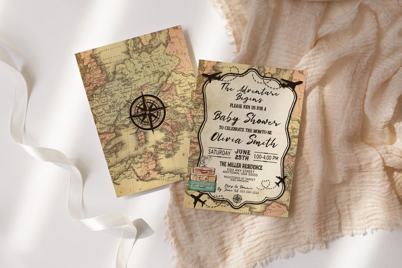 May include: A vintage-style baby shower invitation with a world map background. The text reads "The Adventure Begins" and "Please join us for a Baby Shower to celebrate the mom-to-be Olivia Smith". The date is Saturday, June 25th, 1:00-4:00 PM at The Miller Residence.