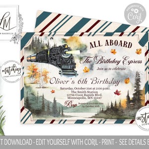 Train Birthday Invitation Editable, Fall Train Invitation, All Aboard Boy Birthday Invite, Fall Mountain Landscape Train Editable Invite,