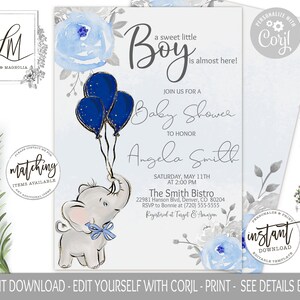Boy Elephant Baby Shower Invitation Template, Watercolor Baby Boy Elephant Invite, Printable Invitation, Navy Balloons, Navy and Gray, Corjl
