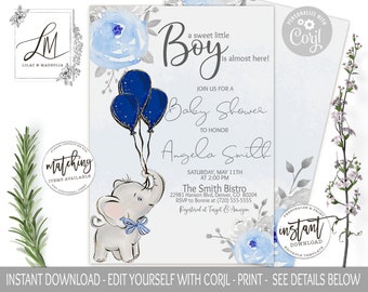 Boy Elephant Baby Shower Invitation Template, Watercolor Baby Boy Elephant Invite, Printable Invitation, Navy Balloons, Navy and Gray, Corjl