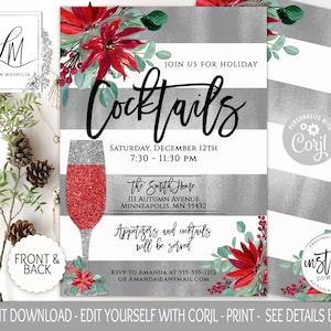 Editable Holiday Party Invitation, Printable Holiday Invitations, Christmas Cocktails, Holiday Invite, Silver Foil, Poinsettia Eucalyptus