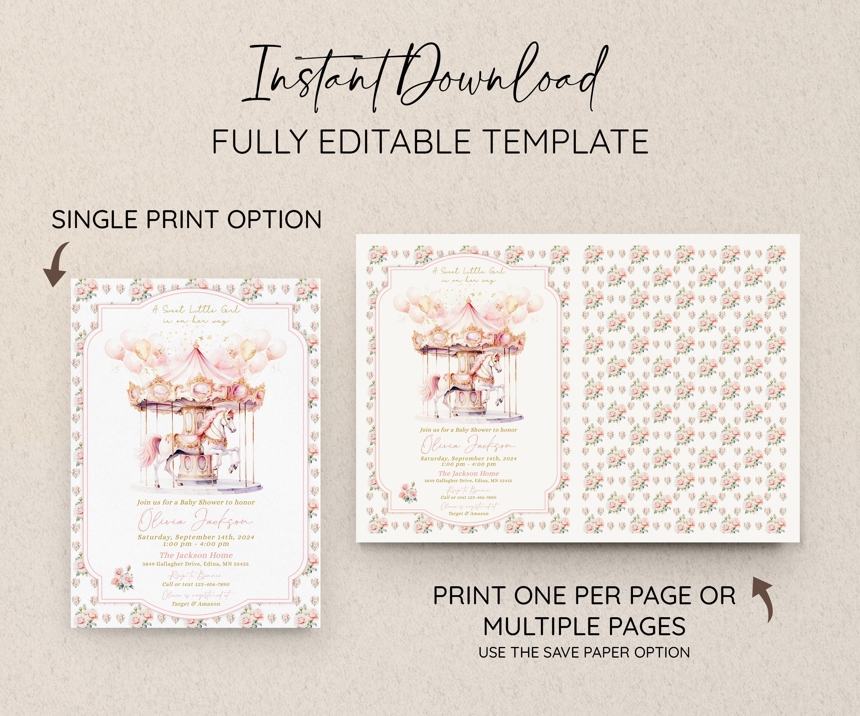 Carousel Pink Roses Pink Carousel Baby Shower Invitation: Roses, Corjl Template (DIY) - Etsy