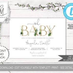 Gold Letters Baby Shower Invitation Template Greenery | Etsy
