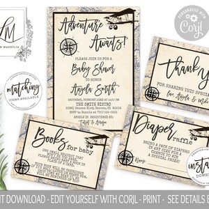 Adventure Awaits Baby Shower Invitation Package, Vintage World Map, Travel Theme, Around the World, Shower Editable Template,  EDIT at Corjl
