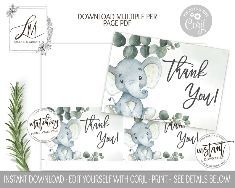 Eucalyptus Elephant Baby Shower Invitation Suite, Editable Template, Green Elephant, Invitation Printable, Greenery Baby Shower, Edit Corjl image 2