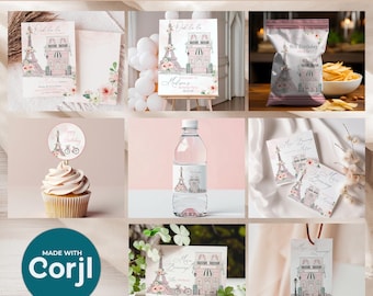 Paris Birthday Party Invitation Bundle: Editable French Cafe Templates