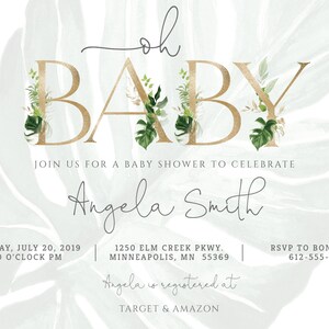 Gold Letters Baby Shower Invitation Template Greenery | Etsy