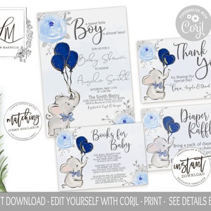 Boy Elephant Baby Shower Invitation, Watercolor Baby Boy Elephant Invite, Navy Balloons, Navy and Gray, Editable Invitation Suite, Corjl