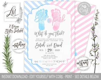 Baby Footprints Gender Reveal Invitation: Blue or Pink (Instant Download)