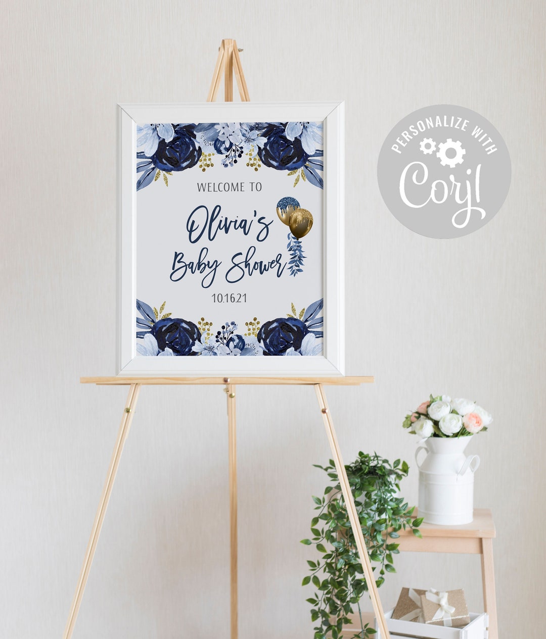 Baby Shower Welcome Sign Template, Navy Blue and Gold Balloons ...