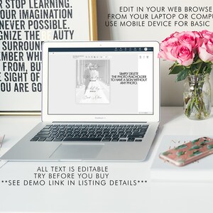 May include: A laptop computer displaying a wedding sign template on the screen. The sign is a black and white photo of a bride and groom with the text "We said I do" and "The Big Day" on the sign. The text on the screen says "Simply delete the photo placeholder to have a sign without any photo". The text below the laptop says "All text is editable, try before you buy. ***See demo link in listing details***".