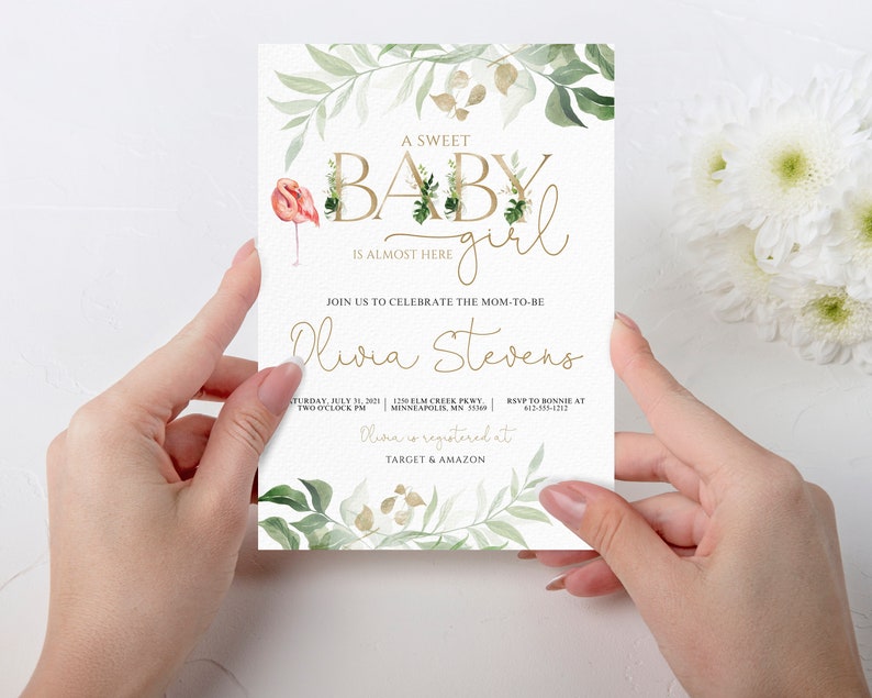 Gold Letters Baby Shower Invitation Editable Tropical Girl - Etsy