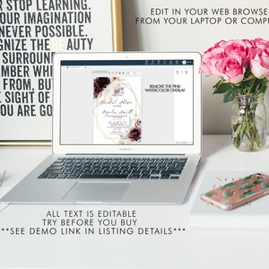 May include: Editable bridal shower invitation template featuring a pink and gold floral design. The text reads "Bridal Shower" and "[Name] Smith". The invitation is shown on a laptop screen. The text "Remove the pink watercolor overlay" is visible in the top right corner of the screen.