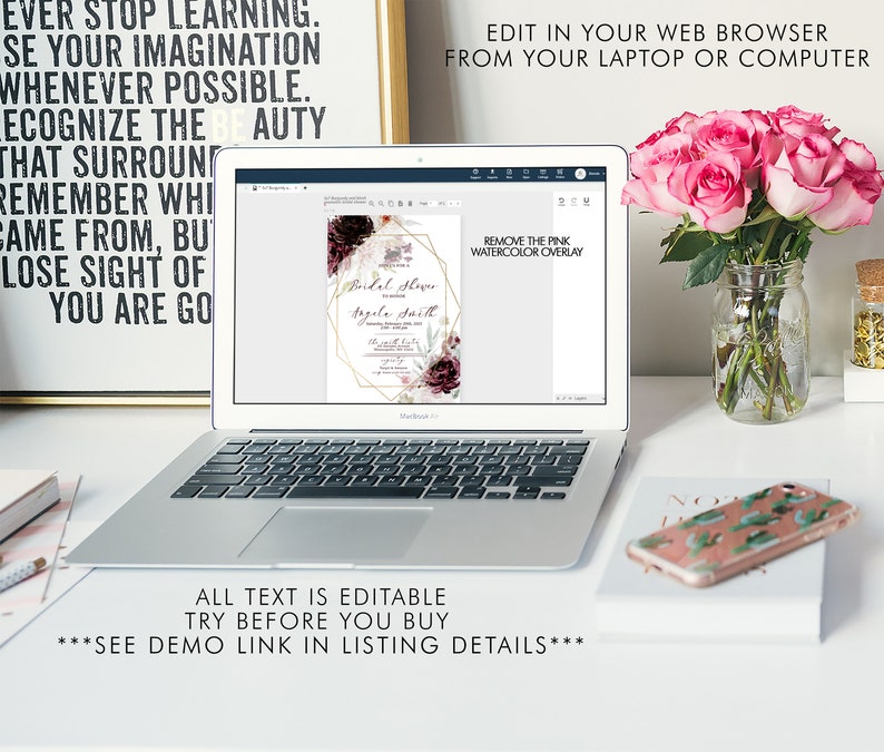 May include: Editable bridal shower invitation template featuring a pink and gold floral design. The text reads "Bridal Shower" and "[Name] Smith". The invitation is shown on a laptop screen. The text "Remove the pink watercolor overlay" is visible in the top right corner of the screen.