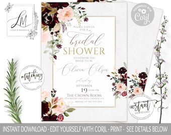 Boho Burgundy Blush Bridal Shower Invitation Template, Printable Shower Invite, Fall Shower Invitation, Burgundy Shower Editable, Corjl, DIY