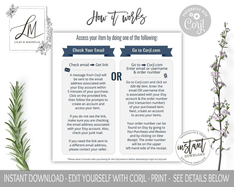 May include: A blue and white graphic with instructions on how to access a digital product purchased on Etsy using Corjl.com. The graphic includes the text "How it works", "Check Your Email", "Go to Corjl.com", "Personalize with Corjl", and "Instant Download".