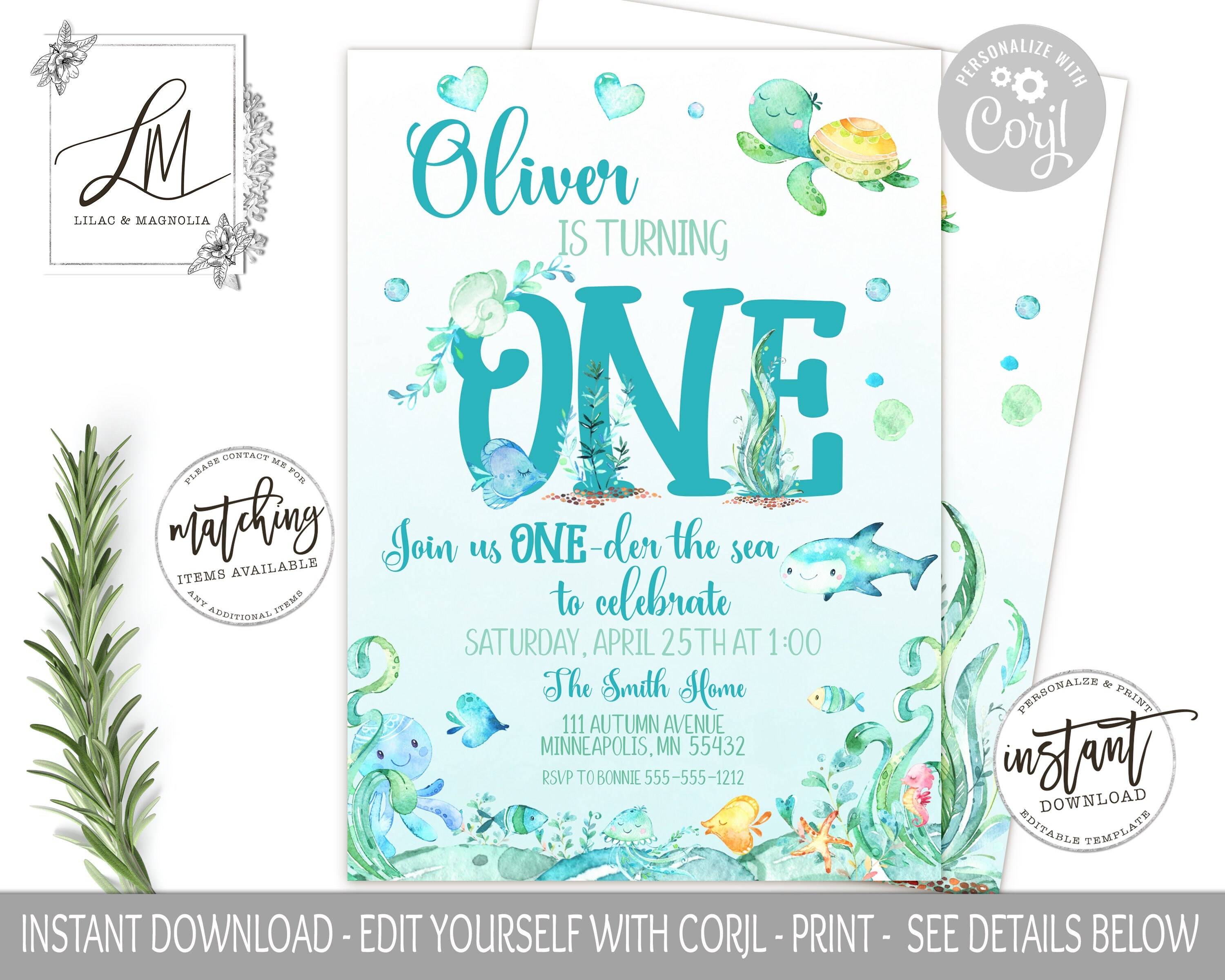 Under the Sea Invitation Template Under the Sea Party Ocean Theme Birthday First Birthday Sea Creatures ONEder the Sea Edit