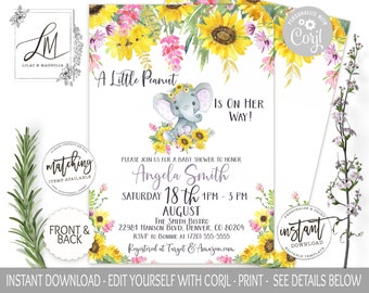 Sunflower Elephant Baby Shower Invitation: Purple & Pink (Editable Template)