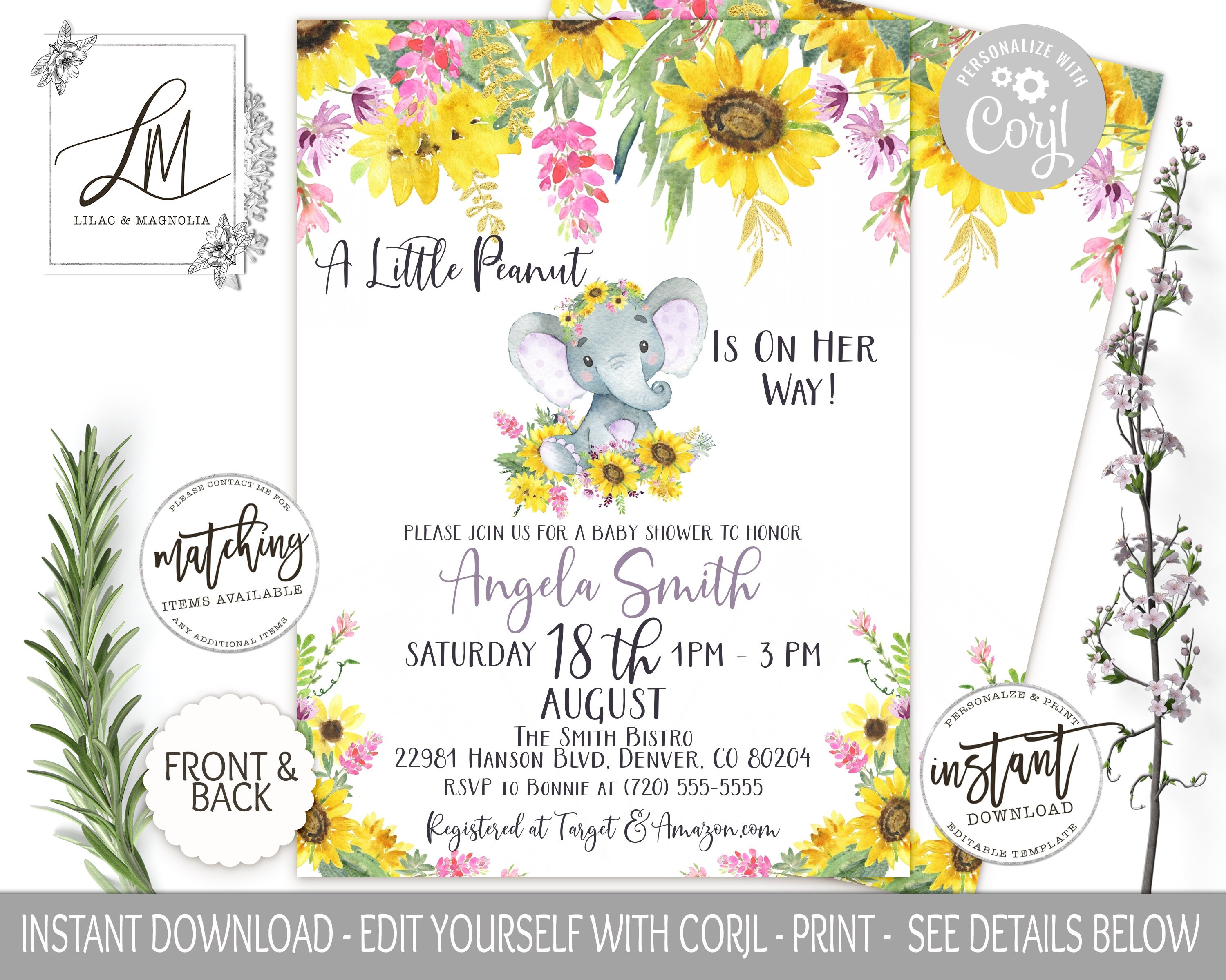 Sunflower Elephant Baby Shower Invitation, Editable Template, Purple
