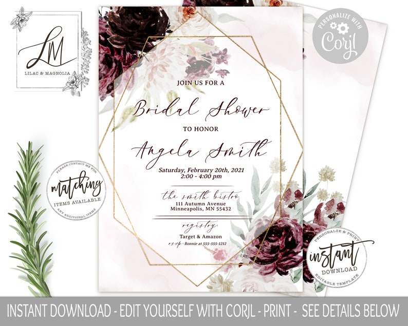 May include: A printable bridal shower invitation featuring a watercolour floral design in shades of pink, burgundy, and green. The invitation has a gold geometric frame and the text "Join us for a Bridal Shower to honour Angela Smith" with the date and time of the event.