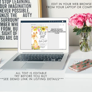 May include: A laptop screen displaying a printable baby shower invitation with a giraffe illustration and the text "It's a Girl!" The invitation is surrounded by flowers and sunflowers. The text "Remove the kraft paper background and change background color" is visible on the screen. The text "All text is editable. Try before you buy. ***See demo link in listing details***" is visible below the laptop.