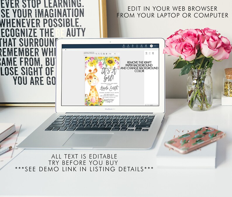 May include: A laptop screen displaying a printable baby shower invitation with a giraffe illustration and the text "It's a Girl!" The invitation is surrounded by flowers and sunflowers. The text "Remove the kraft paper background and change background color" is visible on the screen. The text "All text is editable. Try before you buy. ***See demo link in listing details***" is visible below the laptop.